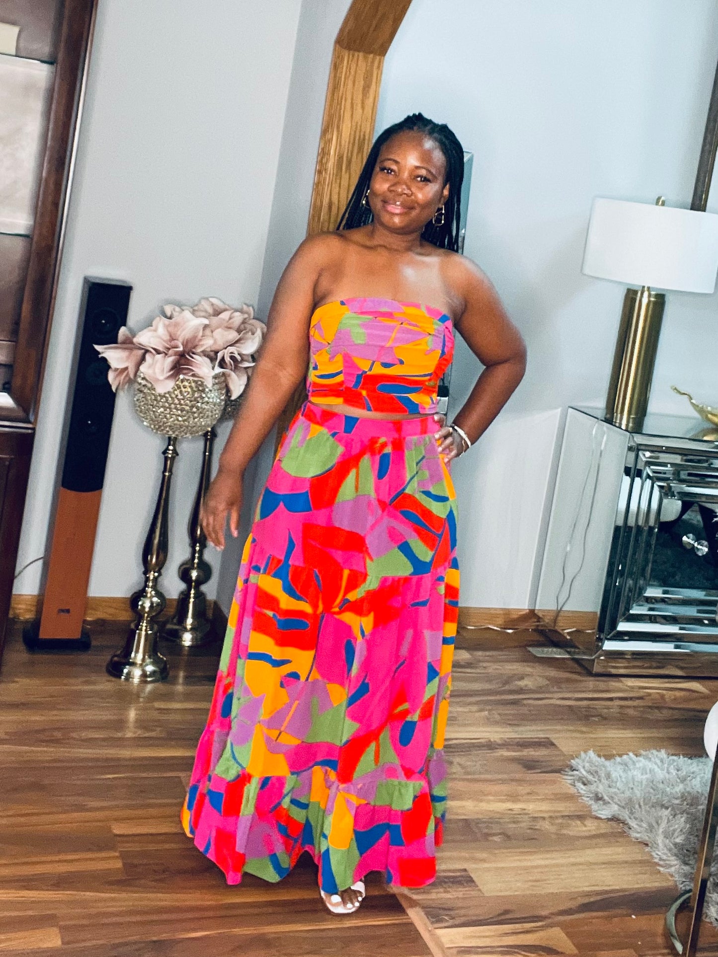 Allover Print Strapless top layer 2pc set